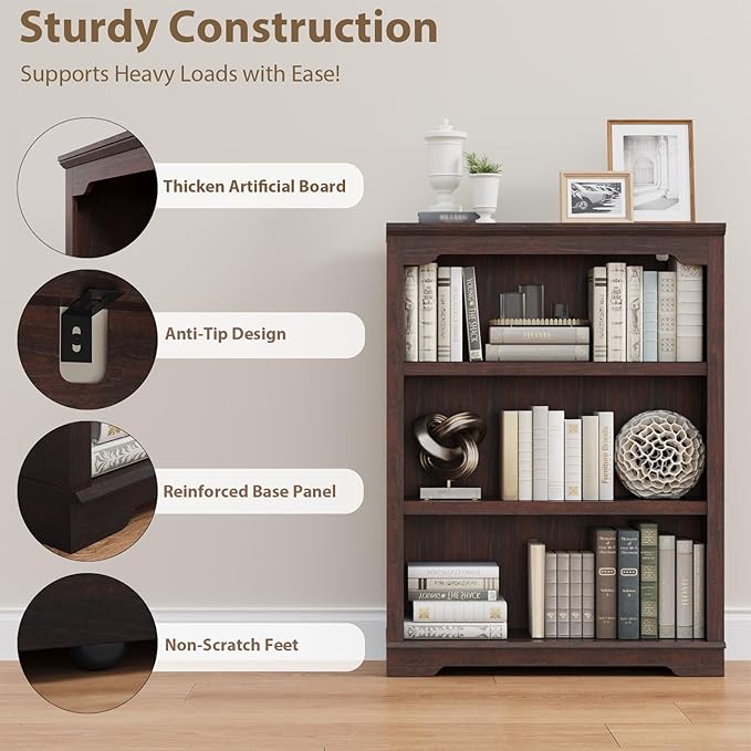 HIFYOBRO 3 Tier Bookshelf and Bookcase, 31.5" Wide Wooden Book Shelf, Freestanding Open Display Storage Bookshelves for Study Room, Home Office, Living Room (Cherry)