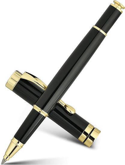 BEILUNER Ballpoint Pens, Stunning Black Chrome Metal Pen with Golden Trim, Best Ball Pen Gift Set for Men & Women, Professional, Executive, Office, Nice Pens-Gift Box with 0.5mm Black Extra Refill