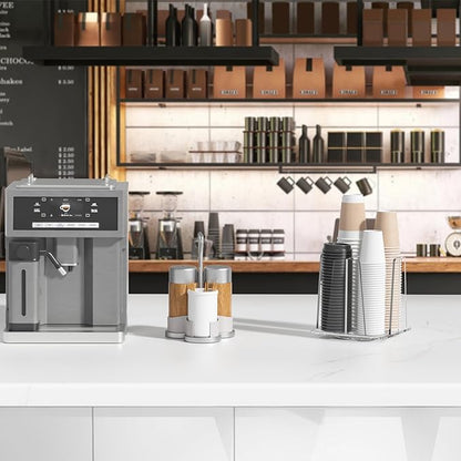 Coffee Cup Organizer for Countertop - Rotating Plastic Cup Holder 4 Compartments Clear Acrylic Cup and Lid Holder for Coffee Bar Restaurant Breakroom Disposable Paper Coffee Cup Dispenser