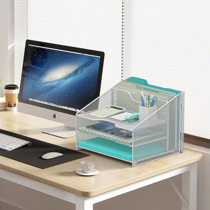 samstar White Desk File Organizer, Mesh Letter File Folder Holder with 3 Paper Trays and 2 Vertical Upright Section, for Office Supplies, Desk Accessories & Workspace, White