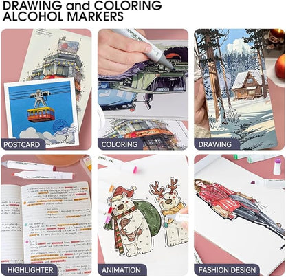 TRANSON Alcohol Markers for Drawing Coloring 48 Colors Dual-tip Fine and Chisel Tips