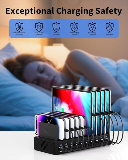 270W Charging Station for Multiple Devices, 20-Port USB Fast Charging Station with Adjustable Dividers & 10 Cables, Multi Device Organizer Charging Dock for iPhone, iPad, Tablets & More(Black)