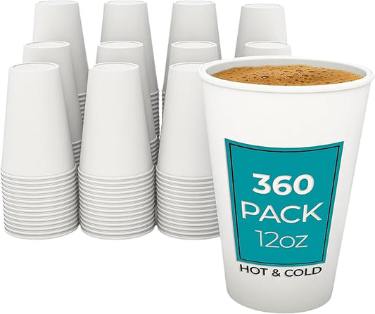 360 Count Pack 12 oz Disposable Paper Coffee Cups, Hot & Cold Drink Cups for Coffee, Tea, Juice, Leak-Proof Food Safe White Paper Cups for Home, Office, Cafes, Travel,