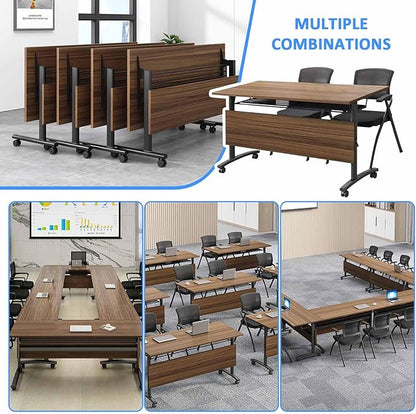 Folding Conference Room Tables,55" Flip Top Seminar Conference Tables,Foldable Meeting Table with Silent Wheels,Office Rolling Modular Meeting Room Table Mobile Training Tables (Walnut, 4 pack)