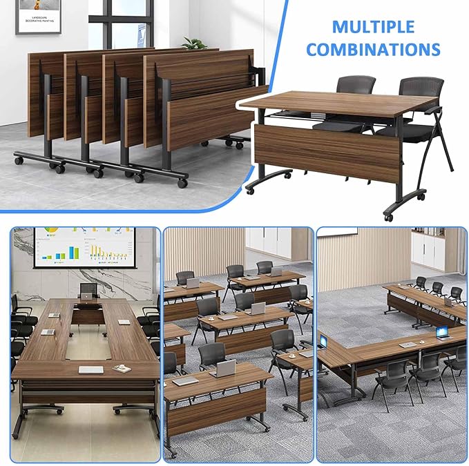 Conference Room Tables,47.2" Modern Office FoldingTraining Conference Tables,Flip Top Mobile Seminar Table with Lockable Wheels,Mobile Foldable Meeting Table for Classroom Office (Walnut, 8 Pack)