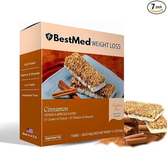 BestMed - High Protein Nutrition Bar - Low-Carb, 15g Protein, Low Sugar, Low Calorie, Meal Replacement Bar (Cinnamon, 1 Box - 7 Count)