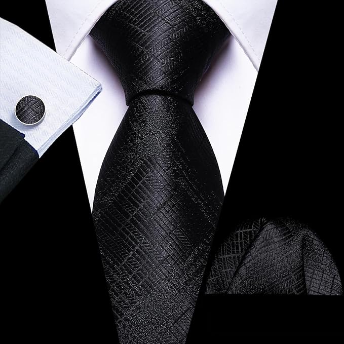 Barry.Wang Tie Sets for Men Silk Solid Necktie Stain Ties Handkerchief Pocket Square Cufflinks Wedding Business Dyed