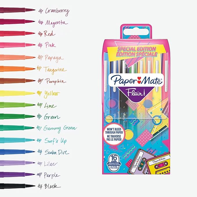Paper Mate Flair Felt Tip Pens | Medium Point (0.7 mm) Marker Pens | Assorted Retro Colouring Pens | For Kids & Adult Colouring, Journalling & More | 16 Count