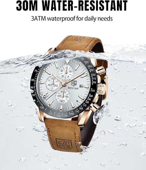 BY BENYAR Watch for Men Analog Quartz Chronograph Waterproof Luminous Designer Mens Wrist Watches Business Work Sport Casual Dress Watch with Silicone Strap Elegant Gifts for Men