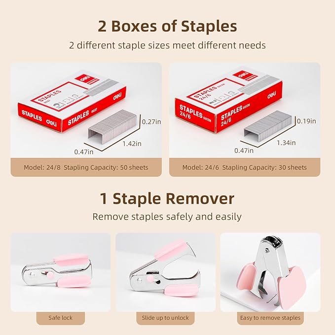 Deli Stapler, Effortless Staplers for Desk, 40-50 Sheet Capacity Heavy Duty, One Touch, No Effort, Easy to Load, with 1500 Staples & Staple Remover, 6 Pack, 3 Colors
