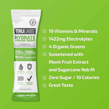 TRULABS Hydrate + Organic Greens - Green Apple. Sugar Free Electrolytes Hydration Packets. Each Serving Contains 1422 mg of Electrolytes &19 Vitamins & Minerals & 4 Organic Greens (6ct)