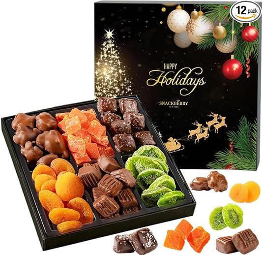 Christmas Premium Fruit & Chocolate Gift Box – Assortment with Chocolate Pecans, Dried Apricots, Kiwi Slices, Papaya, Sea Salt Caramels & Milk Chocolate Caramels