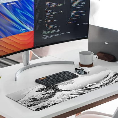 Sea Wave Large Gaming Mouse Pad Desk Pad with Stitched Edge 31.5''x11.8'' Mousepad Computer Keyboard Pad Non-Slip Rubber Base Desk Mat for Game,Work,Study