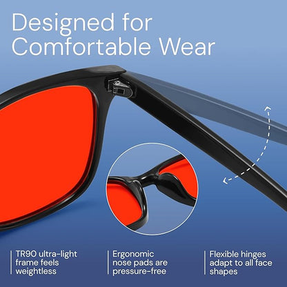 livho Sleep Glasses for up to 99.9% Blue Green Light Blocking for Computer Gaming, Dual Coatings Red Lens, for Women & Men