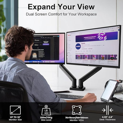 NearHub Dual Monitor Mount for Computer Screen 13-32" and Up to 22 lbs,360° Rotation,+90° to -45° Tilt,180° Swivel,with C Clamp and Grommet Base,Integrated Cable Management,75x75/100x100 VESA