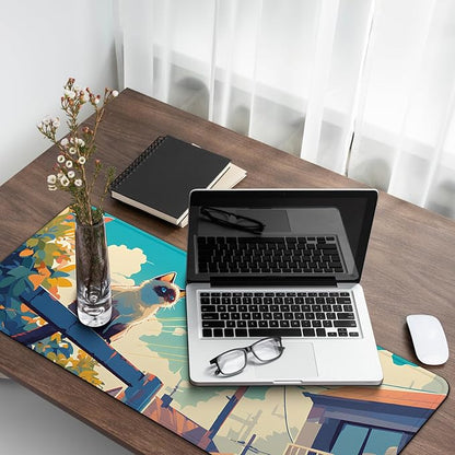 Anime Cute Cat with Sky Backgound Gaming Mouse Pad with Non-Slip Rubber Base, Large Kawaii Mousepad with Stitched Edges, Long Keyboard Mat for Laptop and Mouse, 31.5 x 11.8 inches