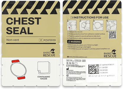 RHINO RESCUE Chest Seal Non-Vented, Sterile Emergency Trauma Dressing, Occlusive Adhesive Pad, IFAK Refill & Medical First Aid Supplies for Wound Care, Gunshot Wound, Sucking Chest (6 Count)