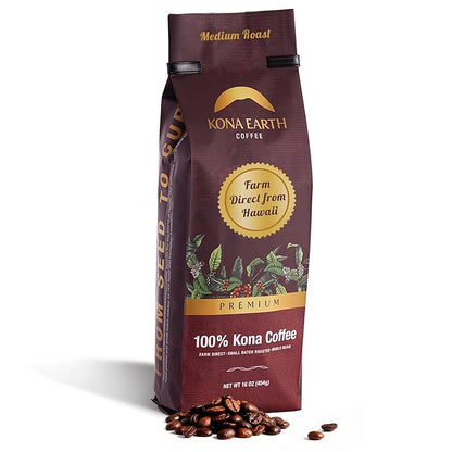 KONA EARTH 100% Kona Premium Coffee, Medium Roast, Whole Bean, 1 lb (16oz) Farm-Direct Authentic Hawaiian Kona Coffee beans from Hawaii’s Big Island, Micro-Batch-Roasted
