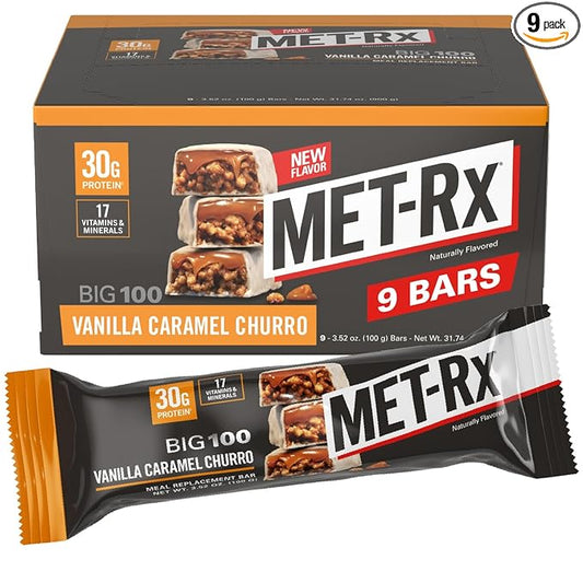 MET-Rx Big 100 Colossal Protein Bars, Vanilla Caramel Churro Meal Replacement Bars, Brown, 9 Count