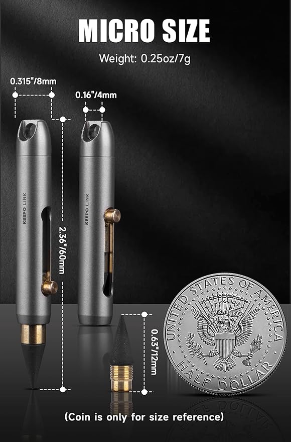 KEEPO LINK Mini Mechanical Pencil with Key Ring & 2 Extra Nibs, Titanium Infinite Keychain Pencil for Everyday Carry, Office, Outdoor, Back to School Supplies, OLP01 (Matte Black)
