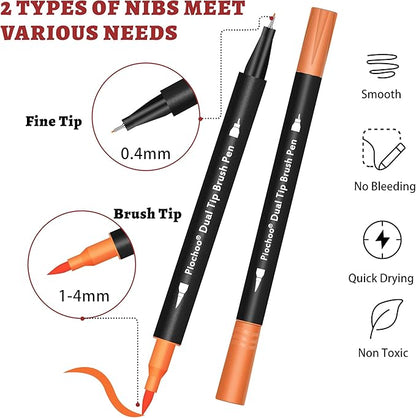 Coloring Markers Pens, 34 Dual Tip Brush Pens, Fine Point Marker set for Adult Coloring Book, Bullet Journaling, Drawing