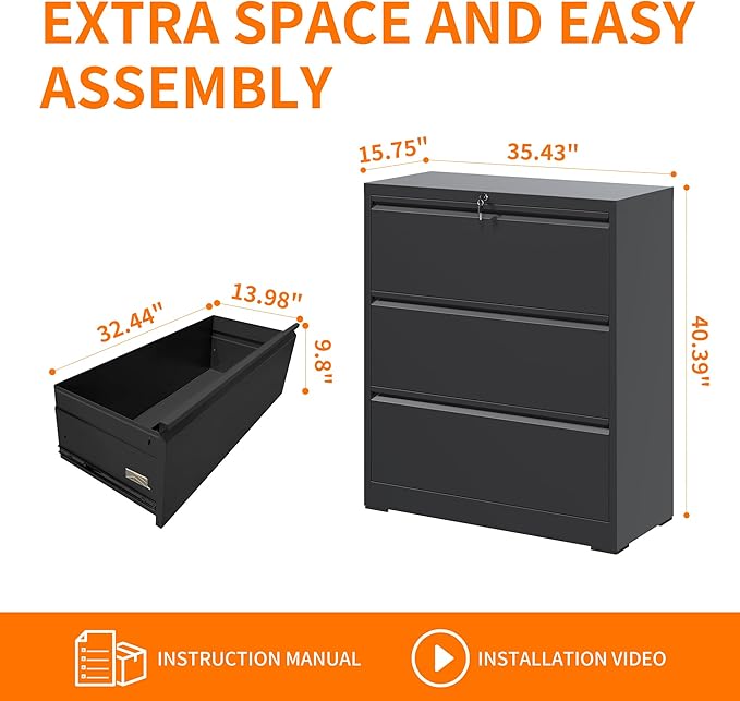 Lateral File Cabinet with 3 Drawer Heavy Duty Large Metal File Cabinets with Lock Home Office Black Filing Cabinets Wide Steel Cabinet for Legal/Letter Size File,Assembly Required
