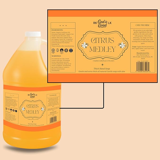CITRUS MEDLEY Thick Hand Soap with Organic Ingredients – 1 Gallon Refill (128 fl oz / 3.78 L). Castile liquid soap with aloe vera & organic essential oils. Natural, moisturizing, made in USA.
