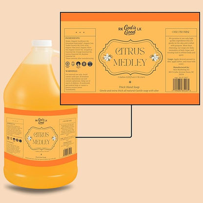 CITRUS MEDLEY Thick Hand Soap with Organic Ingredients – 1 Gallon Refill (128 fl oz / 3.78 L). Castile liquid soap with aloe vera & organic essential oils. Natural, moisturizing, made in USA.
