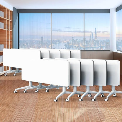 Folding Conference Table,Movable Conference Room Table with Wheels,White Wood Rectangular Conference Table with Modern Business Style,Modular Meeting Training Tables for Office Classroom(10,70.8'')