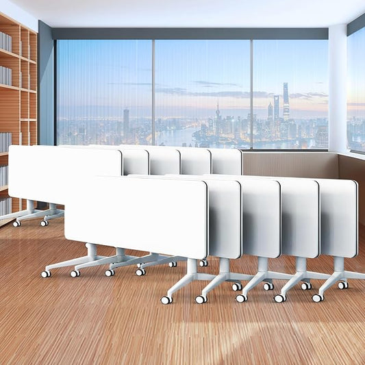 Folding Conference Table,Movable Conference Room Table with Wheels,White Wood Rectangular Conference Table with Modern Business Style,Modular Meeting Training Tables for Office Classroom(10,70.8'')