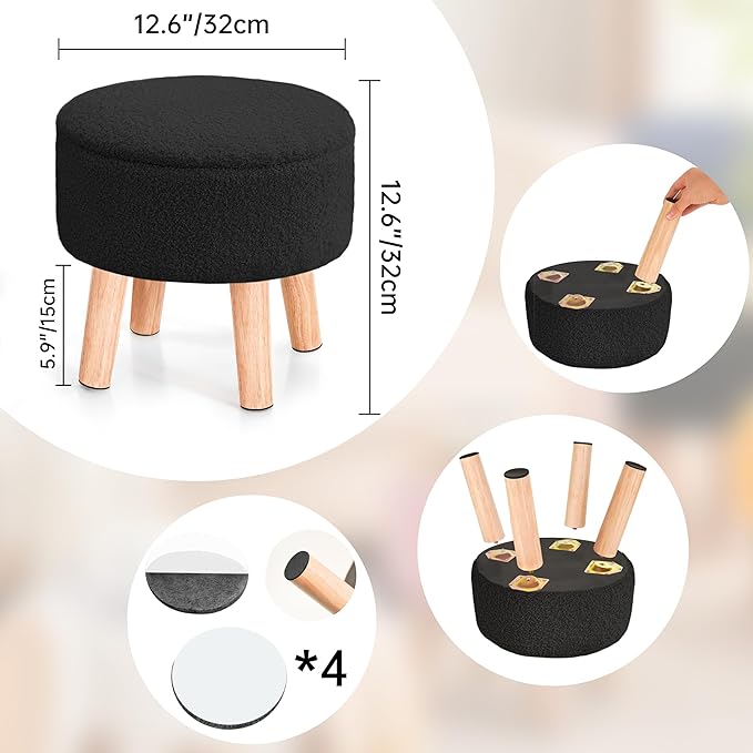 Poofzy Small Ottoman with Storage, Small Foot Stool Ottoman with Wood Legs, Sherpa Foot Rest for Couch, Living Room and Bedroom - Black
