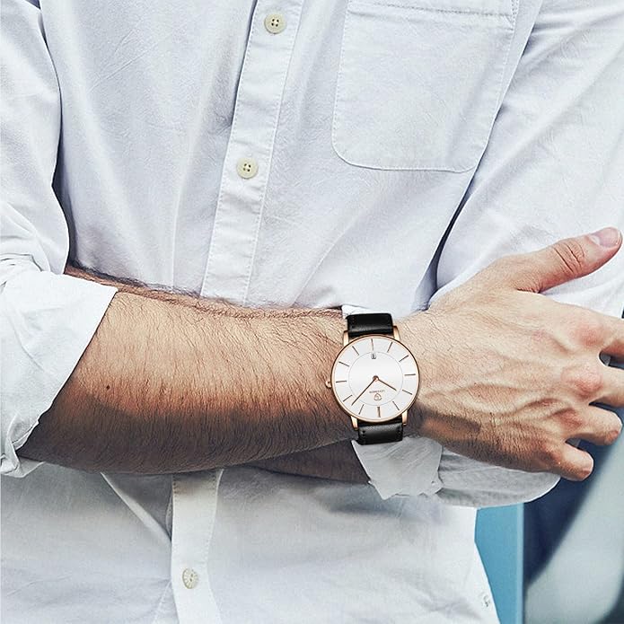L LAVAREDO Watch for Men, Extremely Thin Mens Watches Minimalist Analog Men's Leather Wrist Watches with Time/Date, Birthday Gift for Men Boyfriend