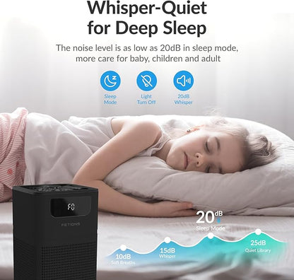 Air Purifiers for Bedroom Home, FETIONS Air Cleaner with Fragrance Sponge Sleep Mode 3-in-1 Filtration System, Compact with H13 HEPA Filter for Pet Dander Pollen Smoke Dust Odor, Black,1 Pack