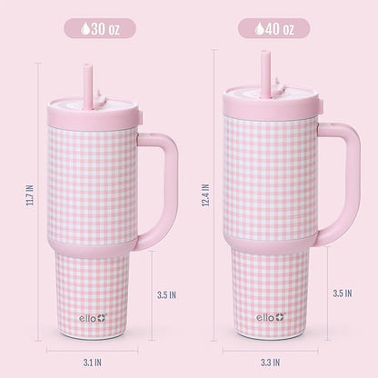 Ello Oasis 40 oz Tumbler with Handle & Retracting Straw | Reusable Insulated Stainless Steel Cup 100% Leakproof, Gifts for Teens Women Men | Keeps cold for 24 Hours, Cup Holder Friendly, Pink Gingham