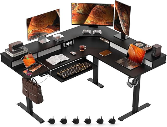 Kingant 63″x55″ L Shaped Electric Standing Desk with A/C Charging Port & Storage, Height Adjustable Corner Computer Gaming Table, Home Office Sit Stand Up Desk & Cable Management, Black