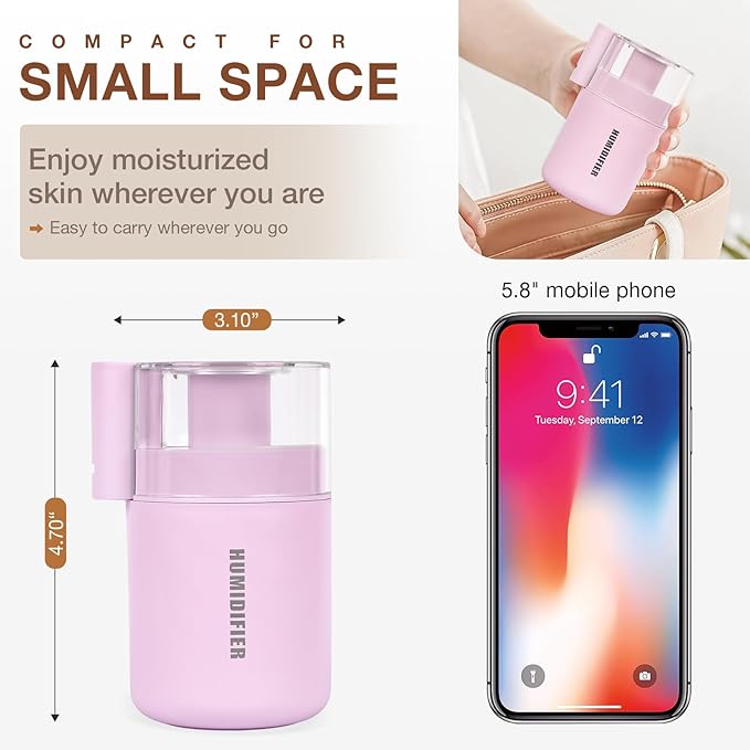 Portable Mini Humidifier, 180ml USB Cool Mist Small Humidifiers for Bedroom, Personal Desktop Humidification for Car Office Travel & Indoor Plants(Pink)