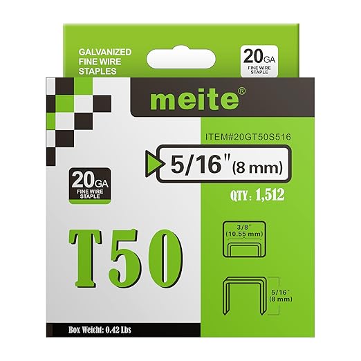 meite T50 Heavy Duty Staples, 5/16 Inch Galvanized T50 Staples for Staple Gun, 20 Gauge 3/8 Inch Crown Staple for Upholstery, Construction, Furniture (1 Case)