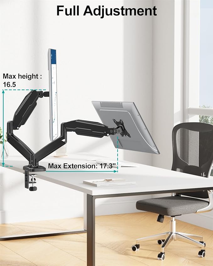 MOUNT PRO Dual Monitor Mount Fits 13 to 32 Inch Computer Screen, Height Adjustable Monitor Stand for 2 Monitors, Gas Spring Display Arm Holds up to 17.6lbs Each, Monitor Desk VESA Mount 75x75, 100x100