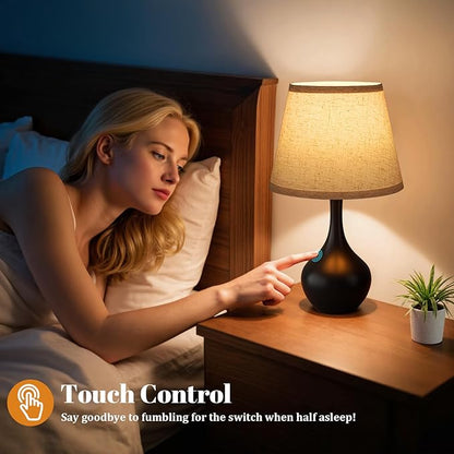 Seealle Touch Table Lamps for Bedroom Set of 2,3-Way Dimmable Small Bedside Lamps for Night Stands with Wires, Black Desk Lamps for Kids Room,Office,Living Room, End Table(LED Bulbs Included)