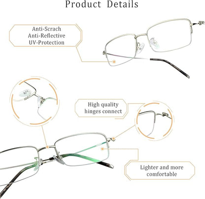 LifeArt Alloy Semi-Rimless Reading Glasses,Blue Light Blocking Glasses, Anti Eyestrain, Computer Gaming Glasses, TV Glasses for Men, Anti Glare (Silver, +0.75 Magnification)