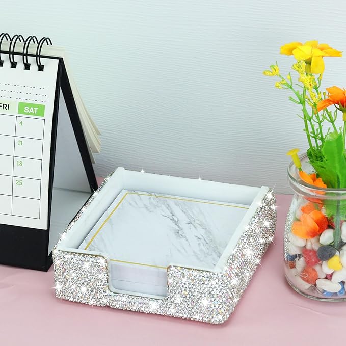 MultiBey Bling Crystal Sticky Notes Holder 4x4 inches Memo Pad Holder Post it Note Dispenser Desk Supplies Organizer Accessories for Office Home Schools Supplies (Sliver ﻿