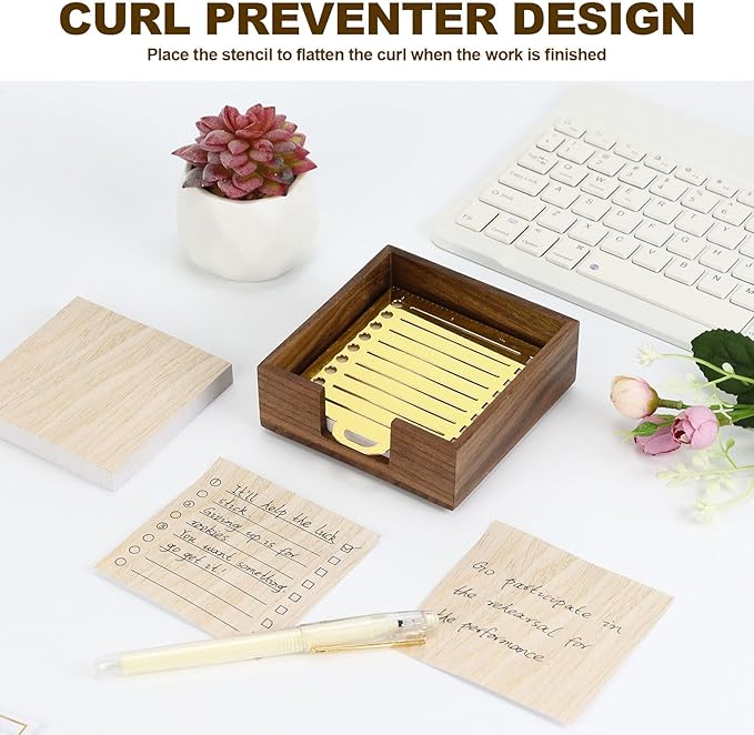 Buqoo Walnut Wood Sticky Note Holder with Metal Stencil, Post It Note Dispenser Desk Sticky Note Pad Holder Organizer for to Do Lists, Grocery Lists, Project Lsts It Holds a of Sticky Notes 3"x3"