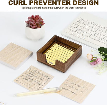 MultiBey Sticky Note Holder with Stencil, 2 Pads 3x3 Sticky Note, Line Stencil and Memo pad Holder, Walnut Wood Sticky Notes Dispenser, Perfect for to-Do Lists, Home, Office