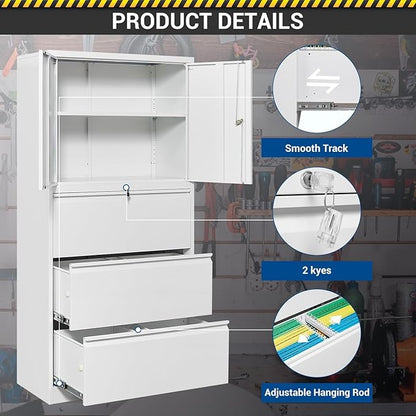 3 Drawers Metal Lateral File Cabinet with Lockable Drawer and Dorrs - White Large Steel Filing Cabinet for Home Office Hanging Files Letter/Legal/F4/A4 Size