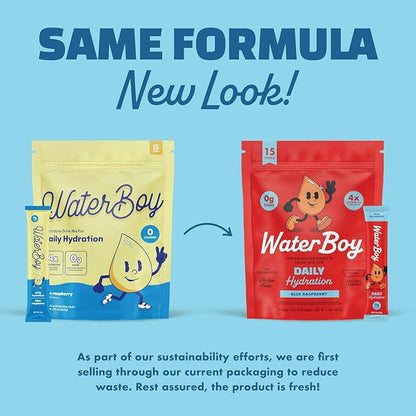 Waterboy Daily Hydration | 1,570mg Electrolyte Powder Packets | No Sugar, All Natural, Gluten Free, Zero Calories | 15 Drink Stick Mixes (Blue Raspberry)
