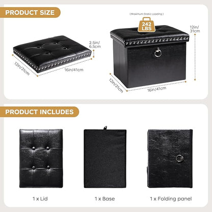 Storage Ottoman Foot Rest Stool, Foldable Leather Footstool Storage Bench with Rivet Design, Thicker Foam Padded Seat, Footrest Under Desk for Living Room Bedroom 242 lbs, 16x12x12 in, Black