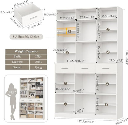 HOSTACK 75" Tall Book Shelf and Bookcase, 47" Wide Bookshelf with Drawers, Modern 9 Tier Bookcase with Storage, Large Wood Display Cabinet with Adjustable Shelves for Living Room, Home Office, White