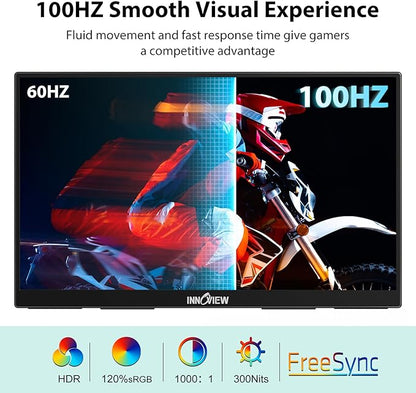 InnoView Portable Monitor 18.5 inch 100HZ 120% sRGB, 1080P FHD IPS Large Portable Monitors for Laptop USB C HDMI HDR Travel Monitor with Kickstand Mac PC Xbox PS4/5 Switch