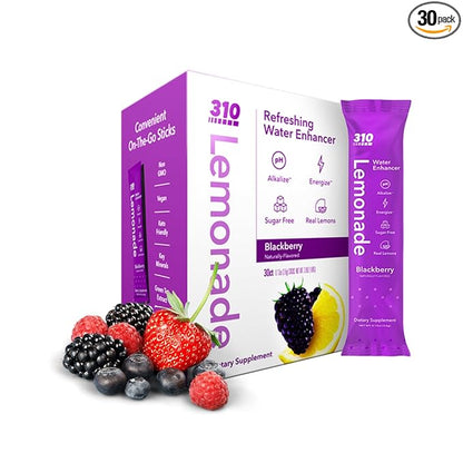 310 Nutrition Electrolyte Lemonade Powder No Sugar – BlackBerry Lemonade Water Flavoring Packets – Hydration & Energy Drink Mix – Zero Sugar, Low Calorie Water Enhancer – 30 Singles – Made in The USA
