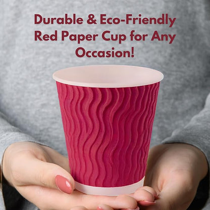 500 Pack 8oz Triple Wall Corrugated Insulated Red Paper Cups for Hot Drinks — Disposable Coffee Cups for Tea, Espresso, Office, Parties, Café or Pantry